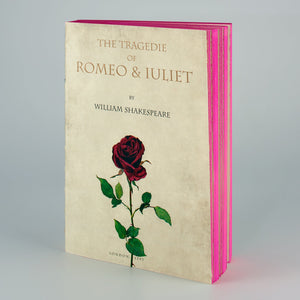 Notebook con copertina Romeo and Juliet e laterali giallo fucsia.